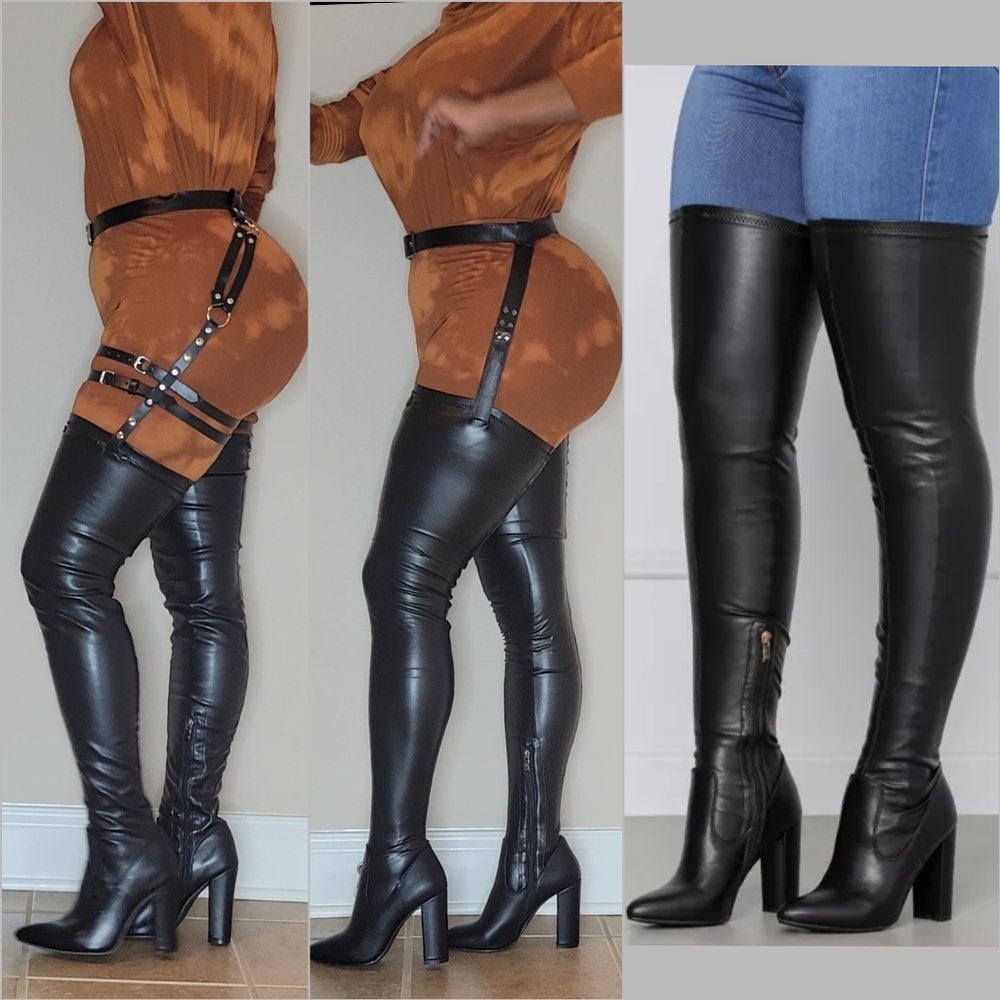 Chunky heel stretch boots thigh high